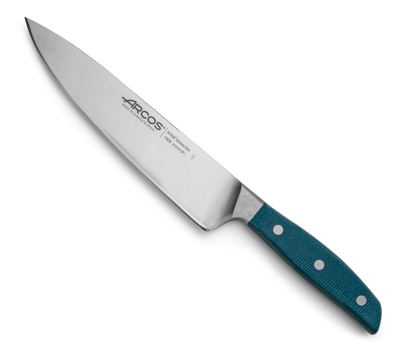 Arcos Brooklyn 8" Forged Chef Knife, Stainless Steel, Silver Blade, Blue Handle