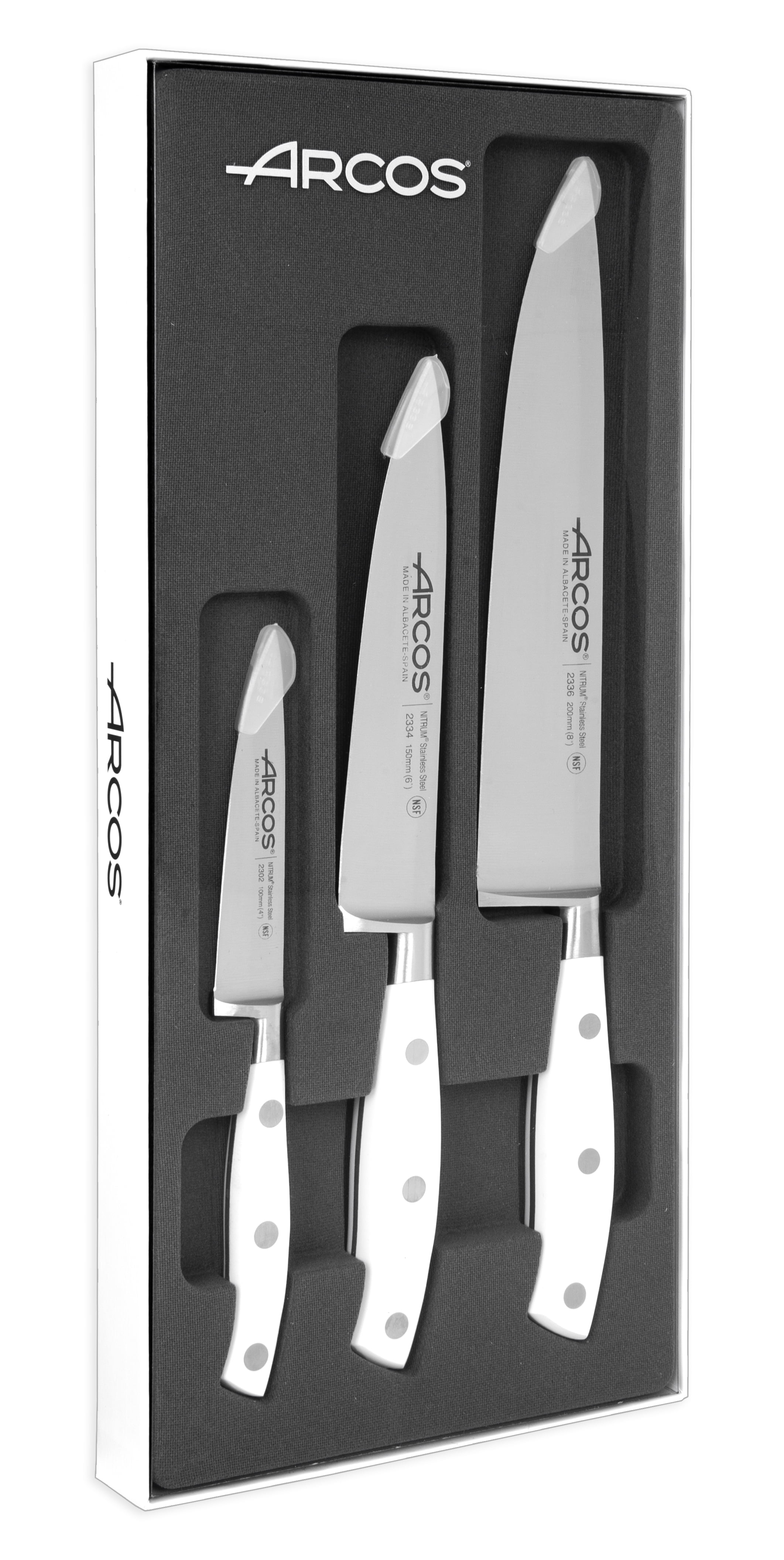 ARCOS Forged Knife Set 3 pieces Nitrum Stainless Steel and mm blade. 729 gr. Small and lightweight. Ergonomic Polyoxymethylene POM Handle. Series Rivi : ARCOS 3-Piece Knife Set in Stainless Steel. 2 Chef