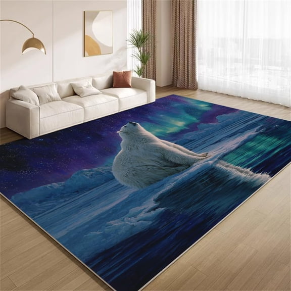 Arctic Animal Area Rugs, Polar Bear Aurora Carpet, Washable Non Slip Low Pile Soft Rug for Living Room Bedroom Decor Mat 5ftx8ft