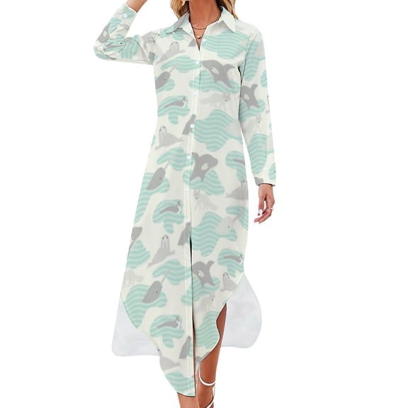 Arctic Animal Chiffon Dress Funny Puffins Print Cute Dresses Female Long Sleeve Street Style V Neck Oversize Casual Dress