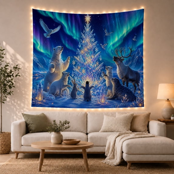 Arctic Animals Around a Crystal Christmas Tree Under Northern Lights, Dreamy Celestial for Wildlife Lovers, Nature Wall Art Decor, Christmas Gift Tapestry Wall Hanging for Living Room and Bedroom