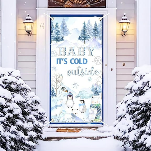 Arctic Animals Baby Shower Door Cover, Baby Its Cold Outside Baby Shower Decorations Arctic Animals Porch Sign Hanging Banner Blue for Boy Winter Gender Reveal Decorations
