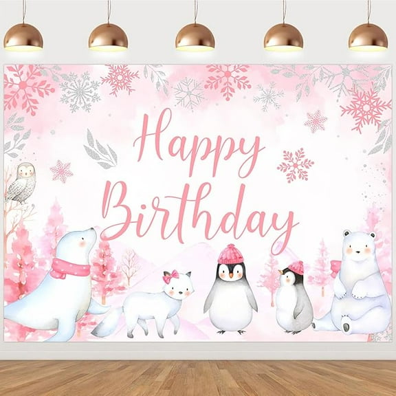 Arctic Animals Birthday Decorations Backdrop Pink, Winter Penguin Birthday Decorations Winter Polar Animals Happy Birthday Backdrop Banner 7x5ft for Girl Winter Onederland 1st Birthday Party