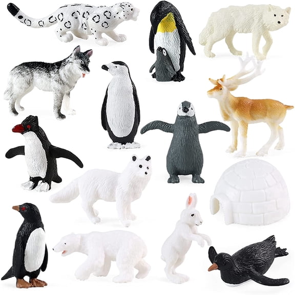 Arctic Animals Figures, 14pcs Mini Polar Animal Figurines, Plastic Arctic Animal Toys Set with Arctic Fox Wolf Reindeer Penguins Toys