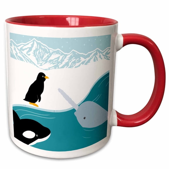 3drose, Arctic Animals - Narwhal Penguin and Orca, 11oz Two-tone Red Mug