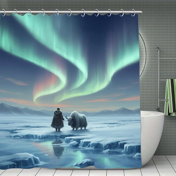 Arctic Aurora Journey Print Shower Curtain,Modern Fabric Waterproof Shower Curtain Set with Hooks 70.8×70.8Inch (180×180cm)