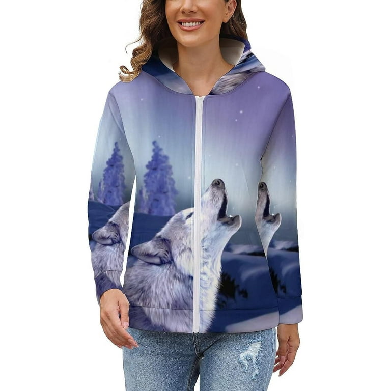 Arctic Aurora Wolf Women s Full Zip Hooded Sweatshirt Soft Fleece