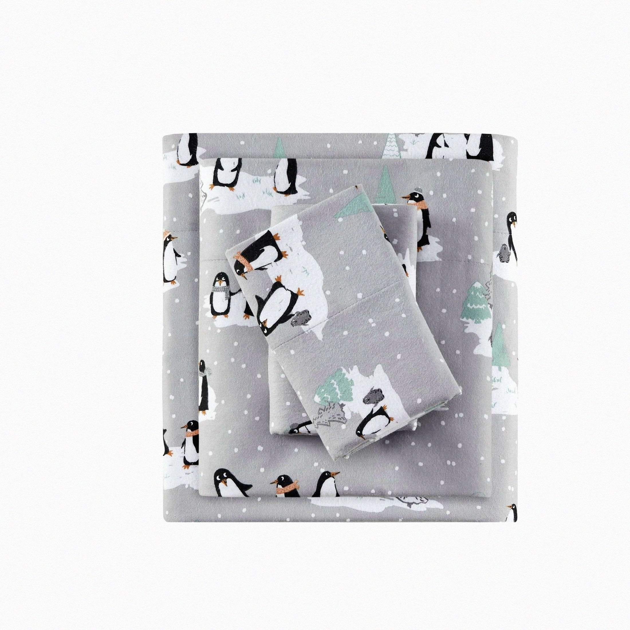 Arctic Charm Cozy Cotton Flannel Sheet Set - Queen Size Grey Penguins ...