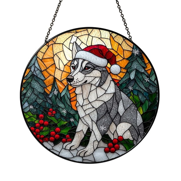 Arctic Dog Snow Scene Stained Glass Style Window Suncatcher Hanging, Decorative Glass Panel Art Ornament for Winter Home Decor