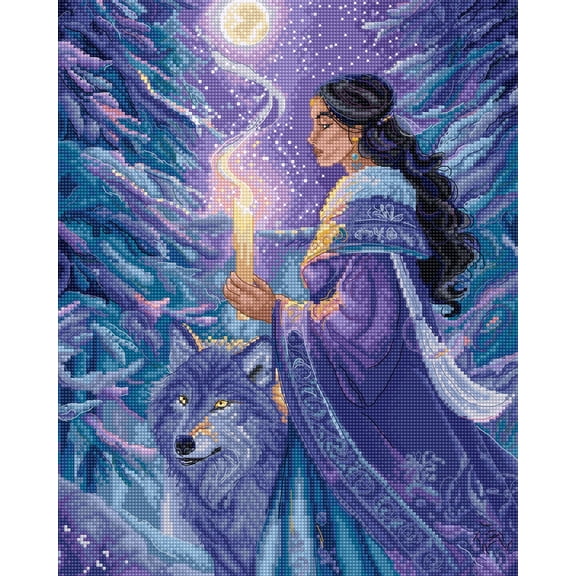 Wizardi Counted Cross Stitch Kit "Arctic Enchantress" L9973  Fantasy Girl & Wolf in Snow, 16ct White Zweigart Aida Luca-S 42 Colors Floss, Needle, Chart, 9.06x11.42" Kit for Adult Letistitch