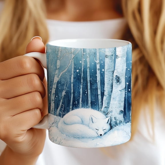 Arctic Fox Ceramic Mug, White Fox Sleeping on Snow Covered Ground, Birch Trees, Forestcore, Winter Wildlife Coffee Tea Cup, Nature Lover