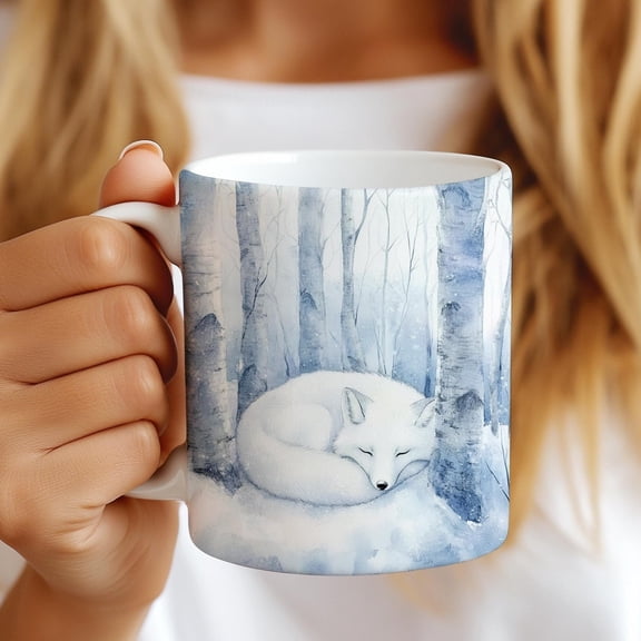 Arctic Fox Ceramic Mug, White Fox Sleeping on Snow Covered Ground, Birch Trees, Forestcore, Winter Wildlife Coffee Tea Cup, Nature Lover