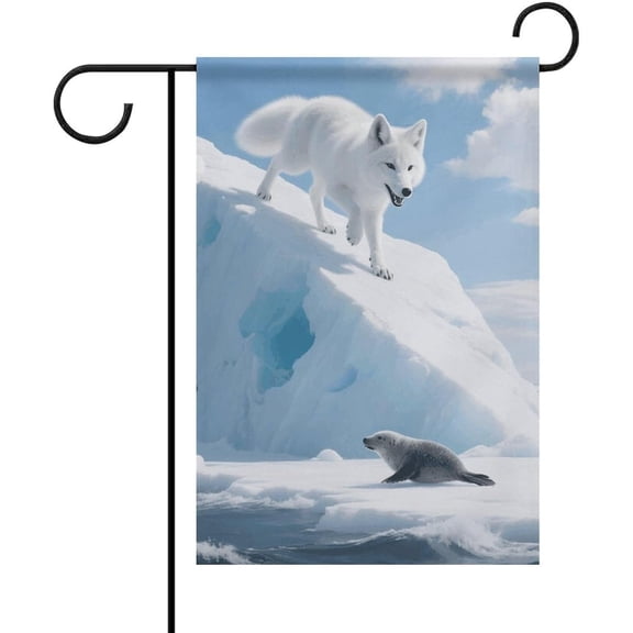 Arctic Fox Chases Garden Flag 12x18 Inch - Double Sided Yard Flags for Outside, Fade-Resistant Polyester Yard Banner Seasonal Outdoor Flag for Patio Lawn Home Decor