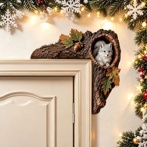Arctic Fox Door Topper, Wooden Tree Hollow Frame Corner Decor, Cute Fox Peeking From Hole with Oak Leaf Acorn Wall Art Decor, Autumn Woodland Home Decor for Door Frame, Gift for Animal Lovers