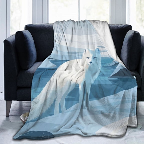 Arctic Fox Throw Blanket, Nordic Winter Snow Wildlife Art Soft Flannel Fleece Decor 50x40