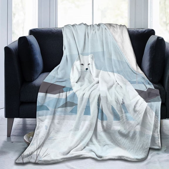 Arctic Fox Throw Blanket, Nordic Winter Snow Wildlife Art Soft Flannel Fleece Decor 50x40