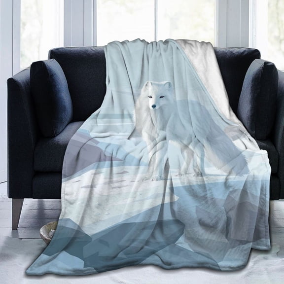 Arctic Fox Throw Blanket, Nordic Winter Snow Wildlife Art Soft Flannel Fleece Decor 50x40