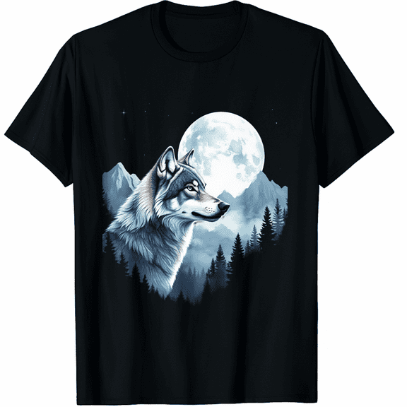 Arctic Grey Timber Wolf Under the Moon & Stars Design T-Shirt for Men Women