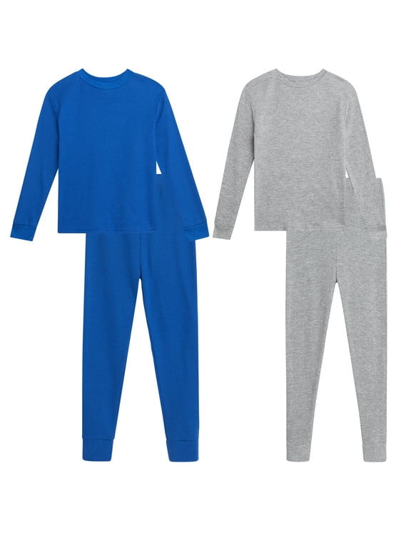 Boys Thermal Underwear Waffle Knit Top and Long Johns Underwear Set 4 Piece (2-18), 3T Grey/Royal