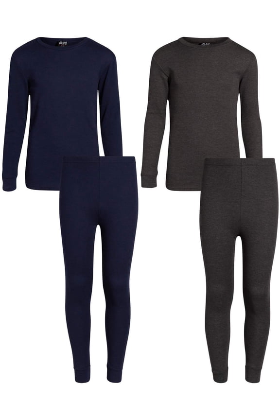 Boys Thermal Underwear Waffle Knit Top and Long Johns Underwear Set 4 Piece (2-18), 3T Navy/Charcoal