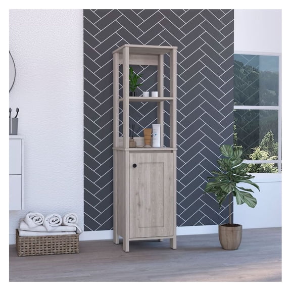 Arctic Linen Cabinet, With Four Shelves, Single Door Cabinet + Beige + 1 + 4 + 18 to 23 in + 36 to 59 in + Bathroom + Freestanding + Contemporary + 10 - 15 inches + Melamine + Engineered Wood