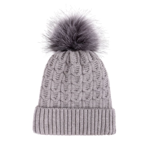 Arctic Paw Sherpa Lined Knit Beanie with Faux Fur Pompom,Grey