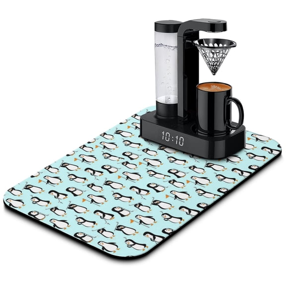 Arctic Penguin Coffee Station Mat - Non-Slip Rubber Base, 4-Layer Absorbent Mat with Emperor Penguin Artwork for Countertops