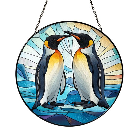 Arctic Penguin Scene Stained Glass Suncatcher for Window Decor, Cute Animal Gift