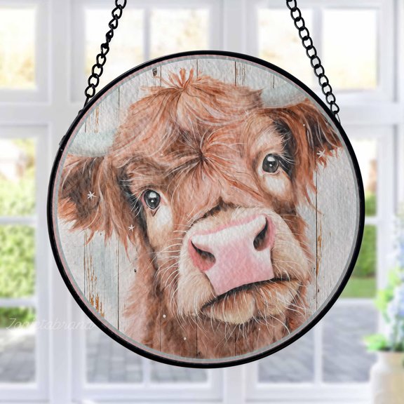 Highland Cow Stained Glass Suncatcher Metal Outdoor Decor Rustic Farmhouse Art Brown Pink White