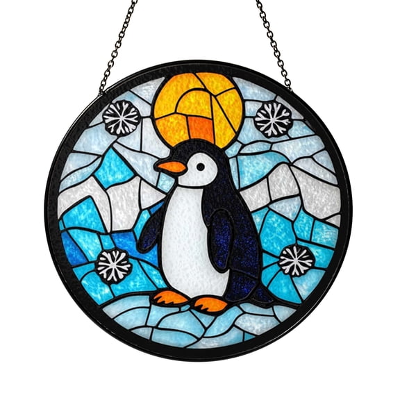 Arctic Penguin Stained Glass Suncatcher Window Hanging, Winter Snowflake Art Glass Panel, Colorful Penguin in Snowy Landscape Design Decorative Window Ornament for Home Decor Gift