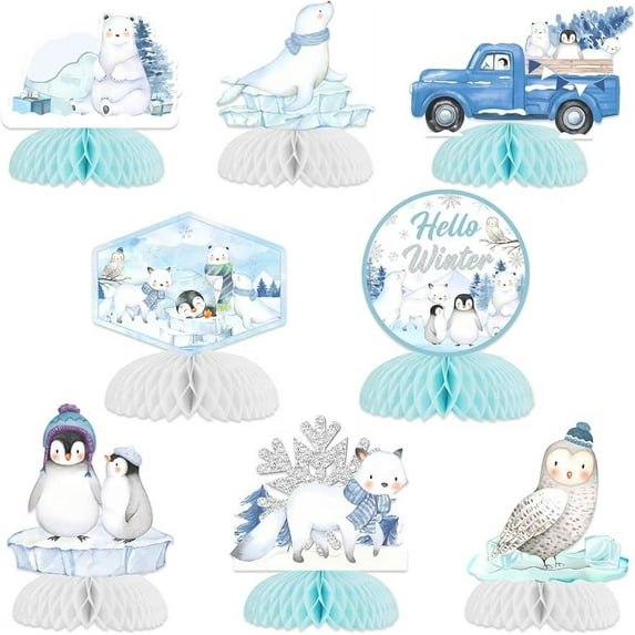 Arctic Polar Animals Honeycomb Centerpieces, Winter Arctic Animal Party Decorations Centerpiece for Table Decoration Double-Sided Printing Penguin Seal Hello Winter for Frozen Birthday Baby Shower