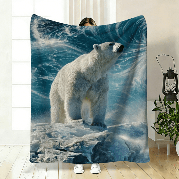 Arctic Polar Bear Glacier-Themed Polyester Flannel Blanket – Soft, Warm Throw for Bed, Sofa, Travel, Camping – 3 Sizes