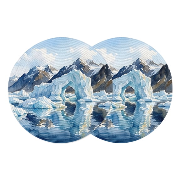 Arctic Sea Round Placemats Set of 2 Coastal Light Blue Natural Bridge Nature Place Mats Indoor Woven Table Mats Washable Heat-Resistance Braided Dining Table Placemats for Kitchen Party Decor 13 Inch