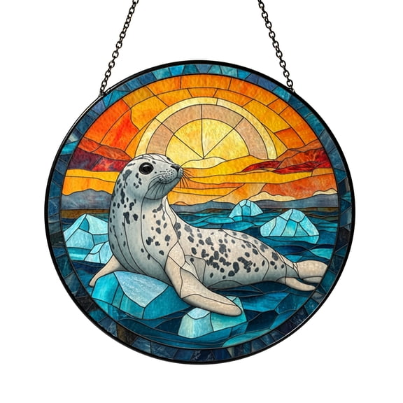 Arctic Seal Stained Glass Style Suncatcher, Coastal Wildlife Window Hanging Art Decor, Polar Nature Ornament
