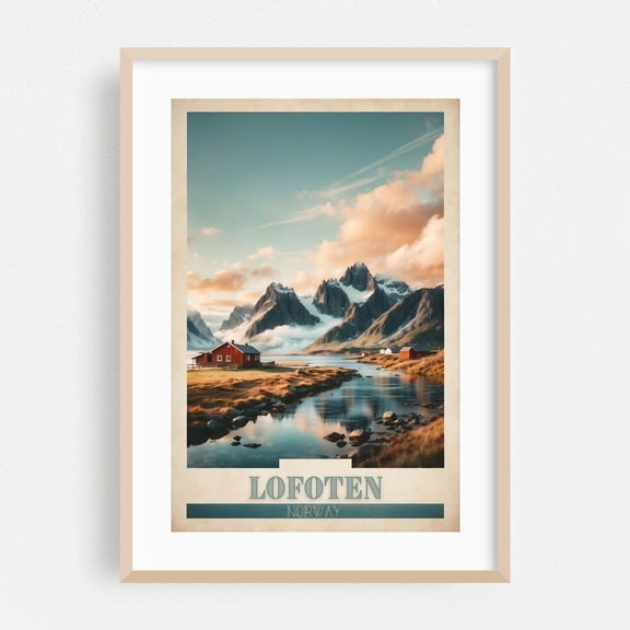 Arctic Serenity: Vintage Travel Poster of Lofoten - Nordland Norway Illustration Travel Poster Vintage Poster Landscape Mountain Scenic Rural Nature Oak Framed Wall Art Print 5 x 7 inches