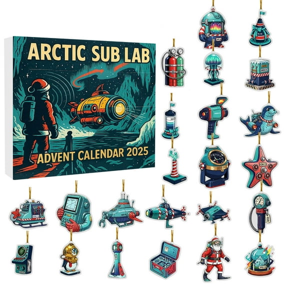 Arctic Sub Lab Advent Calendar 2025, 24-Day Christmas Countdown Calendar with Arctic-Themed Ornaments, Icy Ocean Lab Acrylic Hanging Decorations for Xmas Tree, Festive Holiday Décor & Gift Box