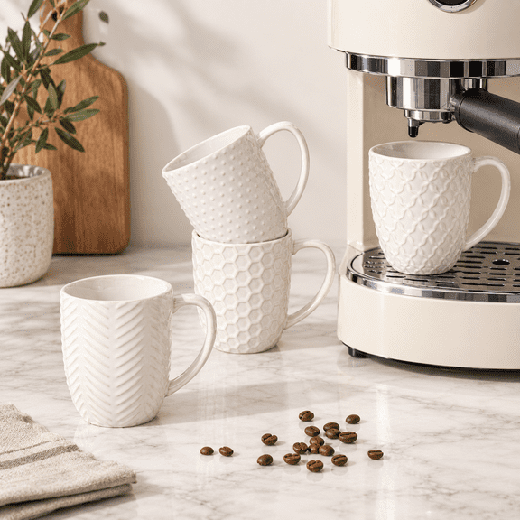 Arctic White Full: 12 oz Ceramic Coffee Mug Set of 4 with Embossed Patterns