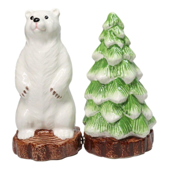 Arctic Wild Snow Polar Bear And Pine Tree Ceramic Salt And Pepper Shakers Set