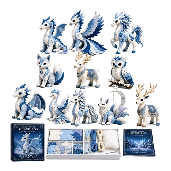 Arctic Winter Guardians DIY Patchwork Kit, Arctic Fox Animal Sewing Kit for Beginners, 3D Stuffed Mythical Creature Pre-Cut Handmade Craft Kit for Home Decor & Holiday Creative Gift J