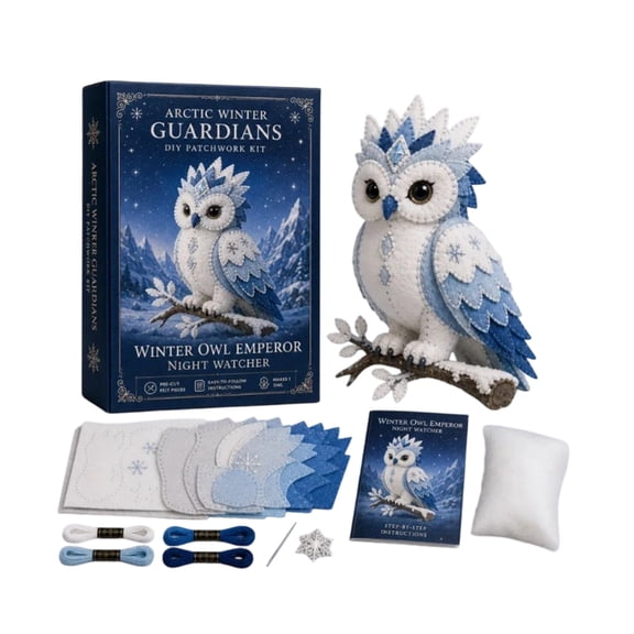 Arctic Winter Guardians DIY Patchwork Kit, Winter Owl Emperor Felt Sewing Craft Set with Pre-Cut Fabric, Needles & Thread for Adults Beginners Home Decor