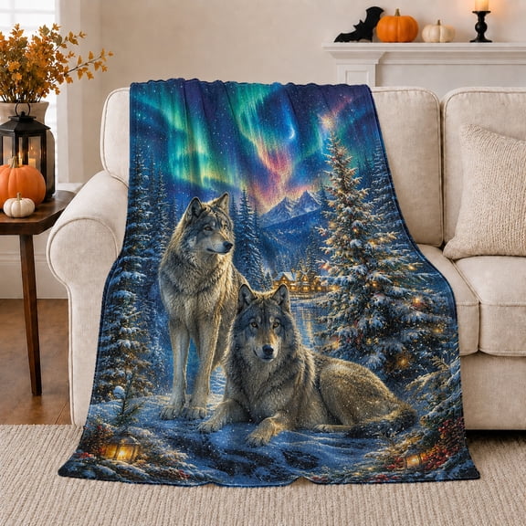 Arctic Wolf With Wolf And Snowy Pines Snowy Pine Forest Serene Wildlife Art Wildlife Lovers Winter Wilderness Scene Warm Flannel Blanket, Christmas Gift for Cabin and Lodge Home Decor