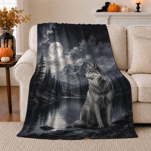 Arctic Wolf With Wolf And Snowy Pines Snowy Pine Forest Serene Wildlife Art Wildlife Lovers Winter Wilderness Scene Warm Flannel Blanket, Christmas Gift for Cabin and Lodge Home Decor