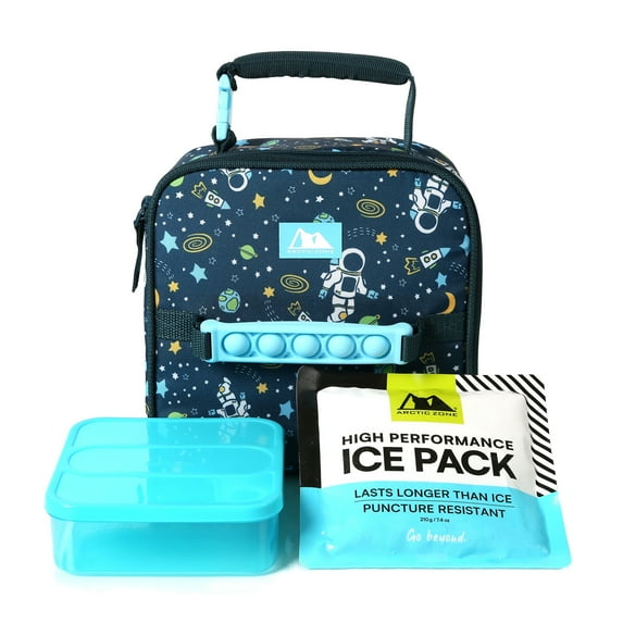 Arctic Zone Push & Pop Lunch Box Combo with Sensory Pop Handle, Ice Pack and Sandwich Container - Space Odyssey