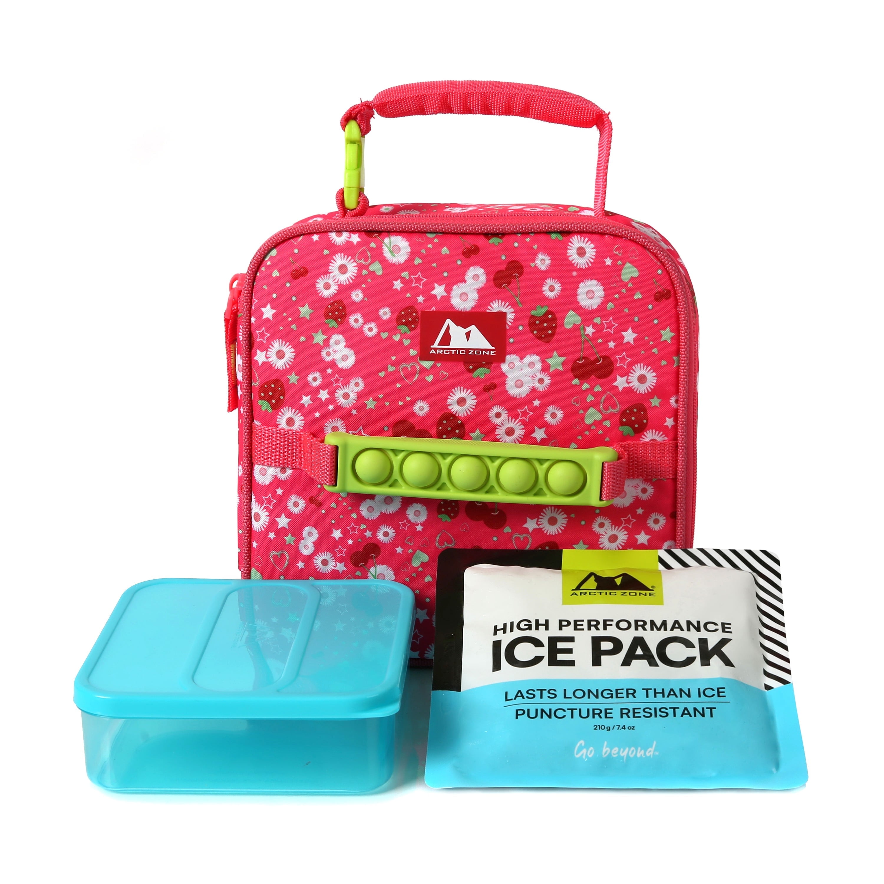 Arctic Zone Push & Pop Lunch Box Combo with Sensory Pop Handle, Ice Pack and Sandwich Container - Very Berry Cherry