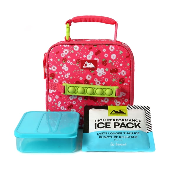 Arctic Zone Push & Pop Lunch Box Combo with Sensory Pop Handle, Ice Pack and Sandwich Container - Very Berry Cherry