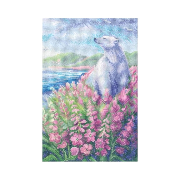 Wizardi Counted Cross Stitch Kit "Arctic Summer" M972 Stunning Polar Landscape Scene, 14ct White Zweigart Aida DMC 34 Colors Floss, Needle, Chart, 7.48x11.42" Vertical Kit for Beginner RTO