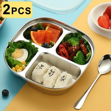 Arcticice 2Pcs Stainless Steel Dividid Plates for Kids Adults with Spoon, 4 Compartments Portion Control Plate