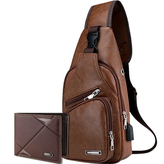 Arcticice PU Leather Sling Bag with Coin Purse for Men, Cross Body Bag with Earphone Hole USB Charging Port, Brown