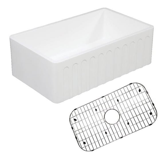 Arcticstone Solid Surface White Stone Apron Front Farmhouse Single Bowl Kitchen Sink with Strainer & Grid, Matte White