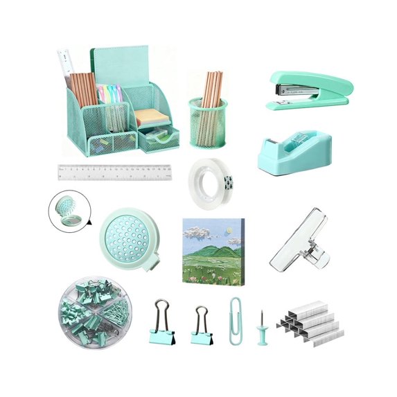 Arcticwind 12 Pack Office Supply Set Stapler Set Stationery Supplies Include Paper Stapler,Staple Remover,Scissors,Staples,Clips,Transparent Tape,Notes,Desktop Organizer,Pen Holder,etc,Green